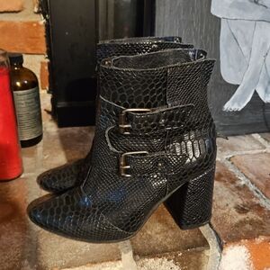 Black Croc-Embossed Block Heel Ankle Boots with Buckle Straps Freebird Joey 8
